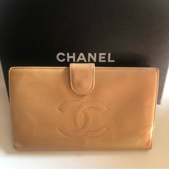 Chanel Timeless CC Continental Kisslock Flap Wallet Tan Caviar Leather Vintage - Picture 1 of 15